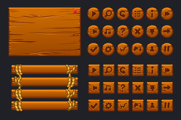 Vector game ui big kit. Template wooden menu of graphical user interface GUI and buttons to build 2D games. © babysofja
