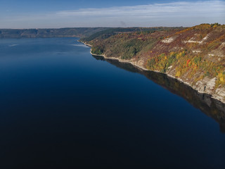 Obraz premium Bakota bay, Ukraine, scenic aerial view to Dniester, lake water, sunny day