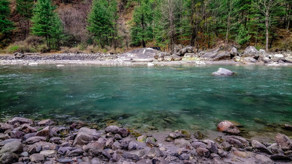 Clean bank of the parvati river ,kasol village ,himachal pradesh ,India 
