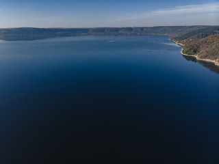 Bakota bay, Ukraine, scenic aerial view to Dniester, lake water, sunny day
