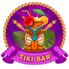 Wooden Mug With Tiki mask and signboard of bar © Pagina