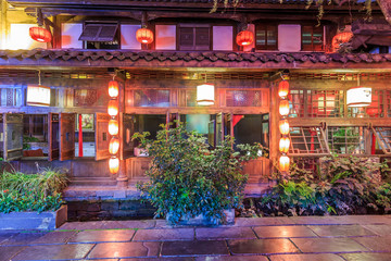 Nightscape of Chengdu Ancient Town, Sichuan Province, China..