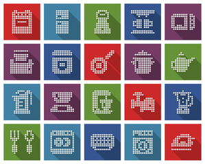 Square dotted icons set of some kitchen utensils and home appliances