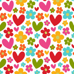 Simple seamless vector pattern with bright flowers and hearts. 