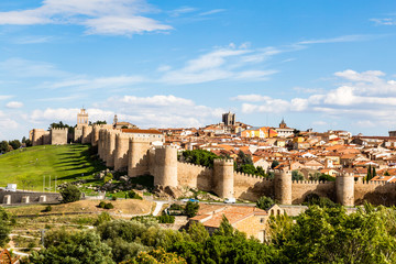 Panoramic view of the historic city of Avila from the Mirador of Cuatro Postes, Spain, with its...