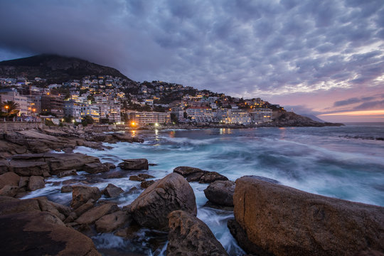 Wide angle view of a seascape scene in Seapoint in Cape town south africa