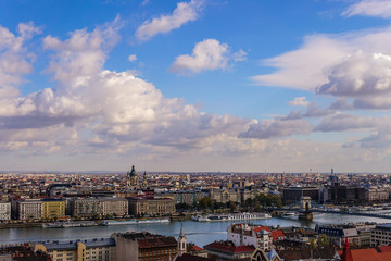 Aerial view of Budapest parliament andt the Danube river at autumn sunny day, Hungary