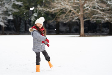Fototapeta na wymiar 雪の積もった公園で遊ぶ女の子