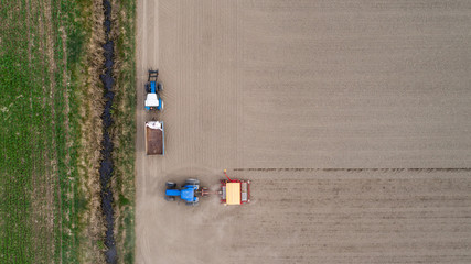 Aerial view of tractor on Prepare a field
