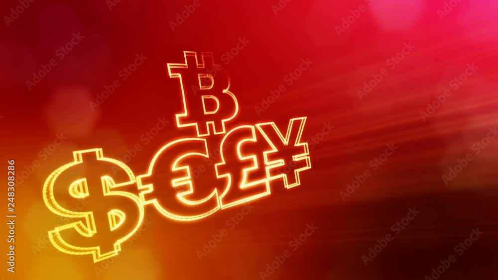 Aufkleber symbol bitcoin dollar euro pound and yen.. financial background made of glow particles as vitrtual h