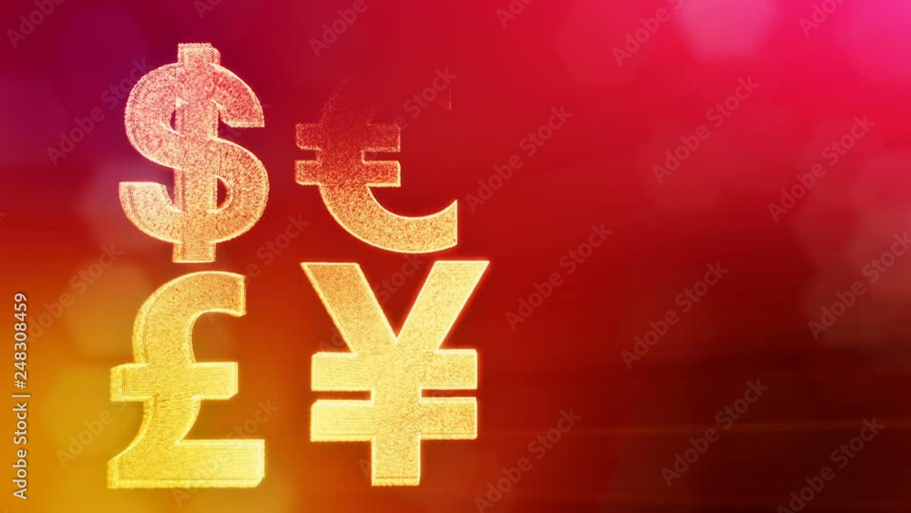 Aufkleber symbol dollar euro pound and yen. financial background made of glow particles as vitrtual hologram. 
