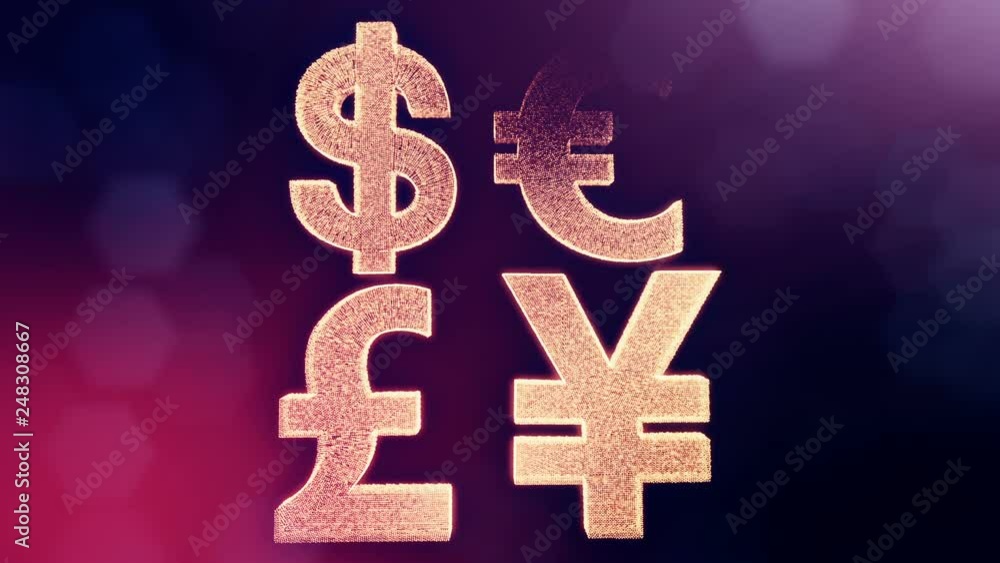 Poster symbol dollar euro pound and yen. financial background made of glow particles as vitrtual hologram. 