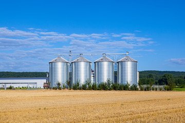 four silver silos in the field after the harvest © travelview