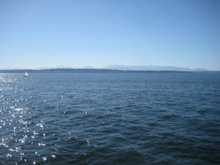 Sea and landscape with snowy mountains