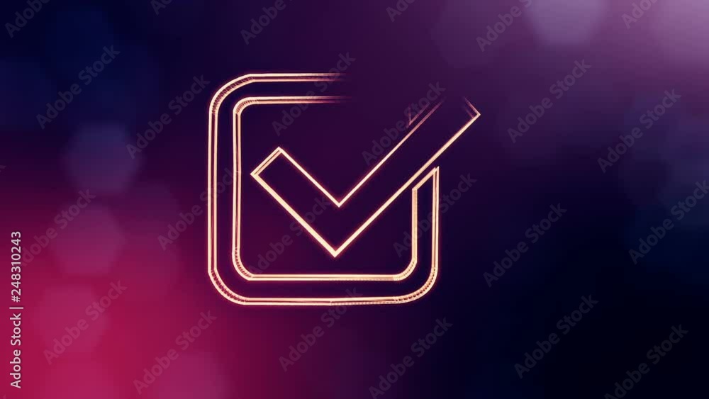 Aufkleber icon of tick. background made of glow particles as vitrtual hologram. 3d seamless animation with dep