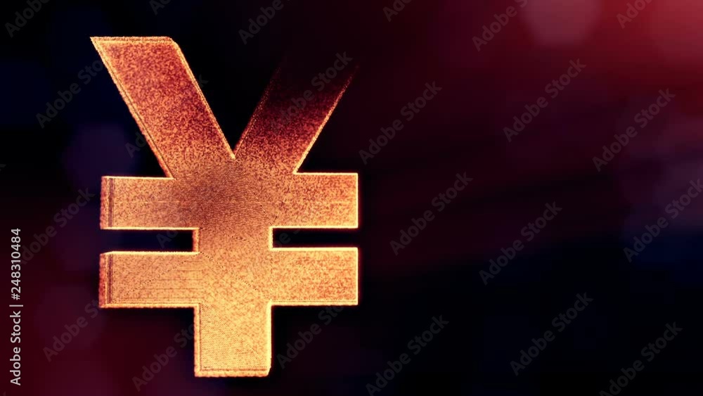 Aufkleber animation icon or emblem of japanese yen logo. background made of glow particles as vitrtual hologra
