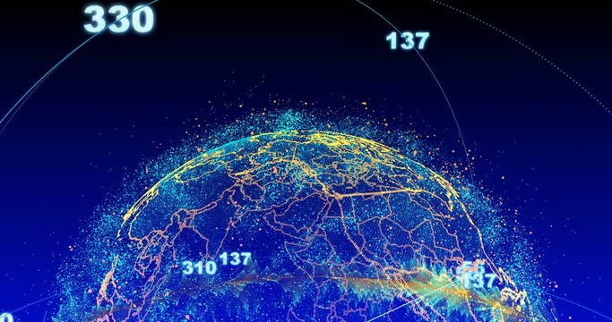abstract globe with particles and plexus structure. Digital technology planet with continent forming. Triangulated structure. Glows and particles.