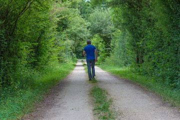 Obraz premium Beautiful men walking on the rural road on summer day