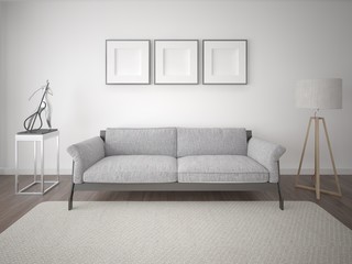 Mock up a perfect living room with a compact comfortable sofa and a light background.