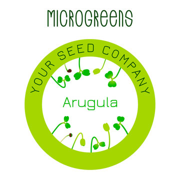 Microgreens Arugula. Seed packaging design, round element