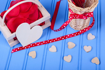 Top view accessory decoration, valentine's day, blue background