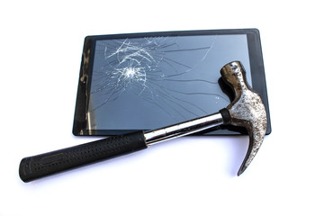 Shattered Broken iPad Tablet Screen With Hammer On White Background