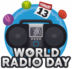 Boombox with Calendar, Greeting and Icons for World Radio Day, Vector Illustration