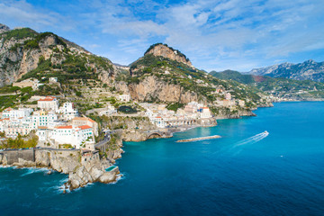 aerial view to emerald sea and mountains of Amalfi coast in Italy © sergejson