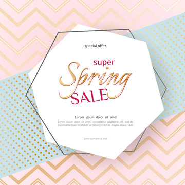 Poster Spring Sale Elegant golden specks zigzag pink background Luxury card poster for advertising sale promotions discounts Beautiful spring summer theme of fashion advertising sale discount Vector