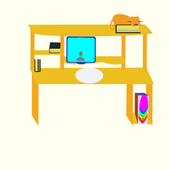 table with books, monitor, system unit and a cat