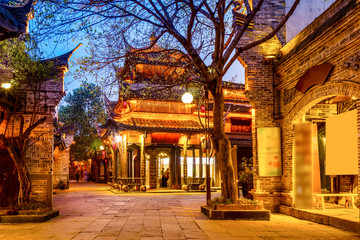 Nightscape of Chengdu Ancient Town, Sichuan Province, China..