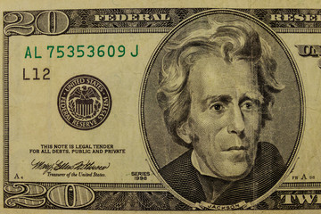 Macro shot of twenty dollar bill