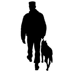 Silhouette of man and dog on a white background