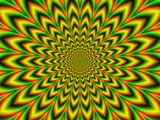 Crinkle Cut Pulse in Green Orange Red and Yellow / A digital abstract fractal image with an optically challenging psychedelic design in yellow, red, orange and green.