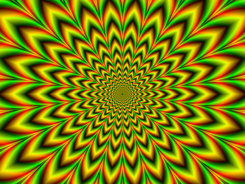 Crinkle Cut Pulse in Green Orange Red and Yellow / A digital abstract fractal image with an optically challenging psychedelic design in yellow, red, orange and green.