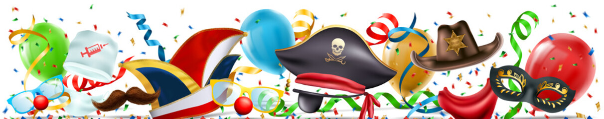 bunter Faschingshintergrund mit verschiedenen Kostümen