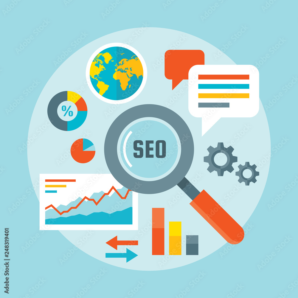 Fototapete search engine optimization - concept vector illustration in flat design style. web analytics informa