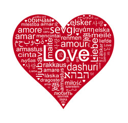 Love words in different languages in a red heart shape