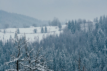 Breathtaking winter mountain landscape with wooden houses covered with snow, forests in the misty distant backdrop. Picturesque and peaceful wintry scene European resort location. Cloudy day