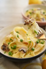 Cooked Pasta on fork close up, selective focus