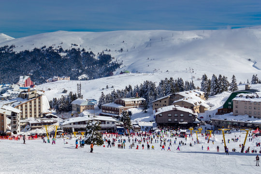 Winter ski resort,ski lift,people skiing. Uludag Mountain, Bursa, Turkey