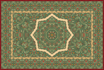 Vintage Arabic pattern. Persian colored carpet. Rich ornament for fabric design, handmade, interior decoration, textiles. Green background. - 248323034