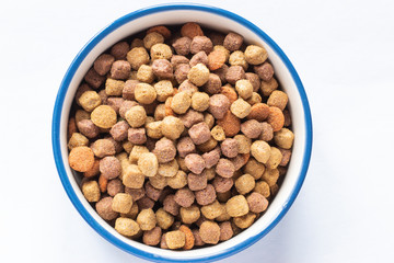 dry food for cats and dogs in a bowl on a white background