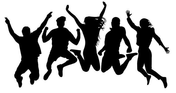 People jump vector silhouette. Jumping friends youth background. Crowd people, close to each other. Cheerful man and woman isolated