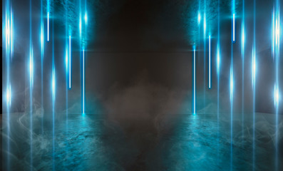 Background of empty room, tunnel. Concrete coating. Laser lines. Smoke, neon light