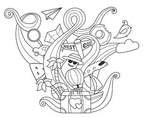 Travel doodles. Vacation objects with doodle waves. Cute art for coloring, easy to change colors.