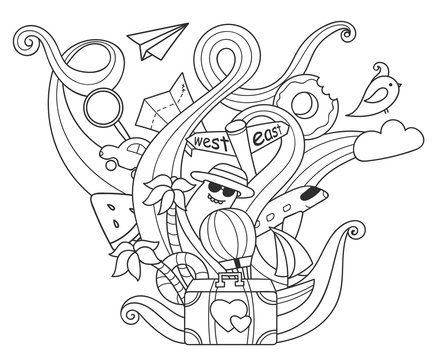 Travel doodles. Vacation objects with doodle waves. Cute art for coloring, easy to change colors.