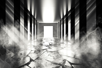 Background of empty room, corridor with concrete floor, tiles. Columns, spotlight, smoke
