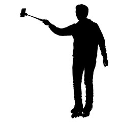 Silhouettes man taking selfie with smartphone on white background