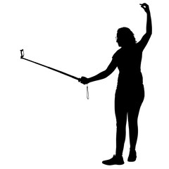 Silhouettes woman taking selfie with smartphone on white background